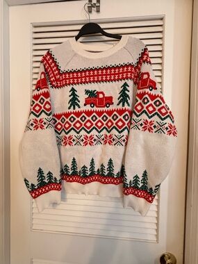 SHEIN Cream Holiday Crewneck Sweater with Red Truck & Green Tree Pattern
